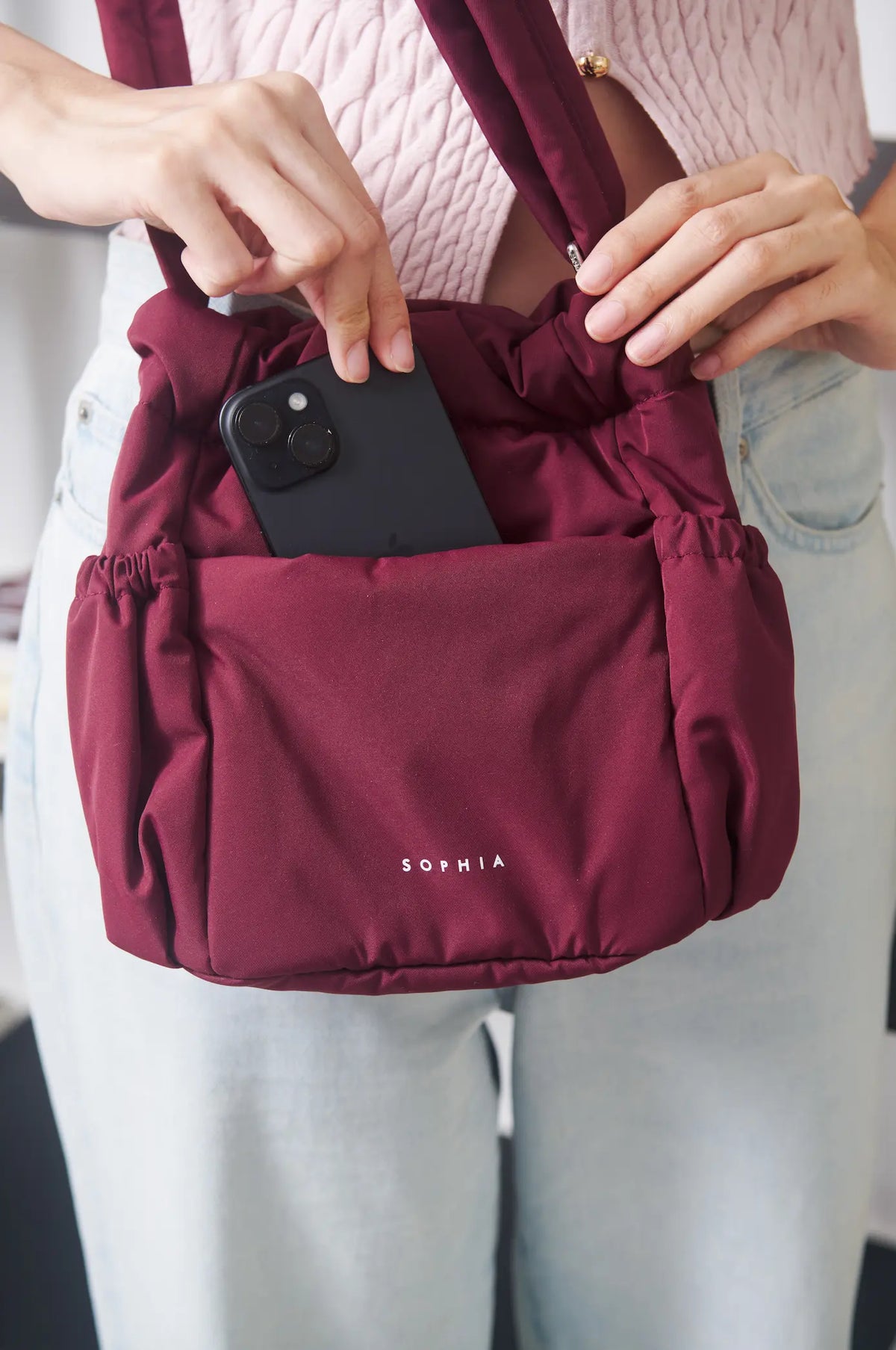 MINI COSY LUXE BUCKET BAG IN WINE
