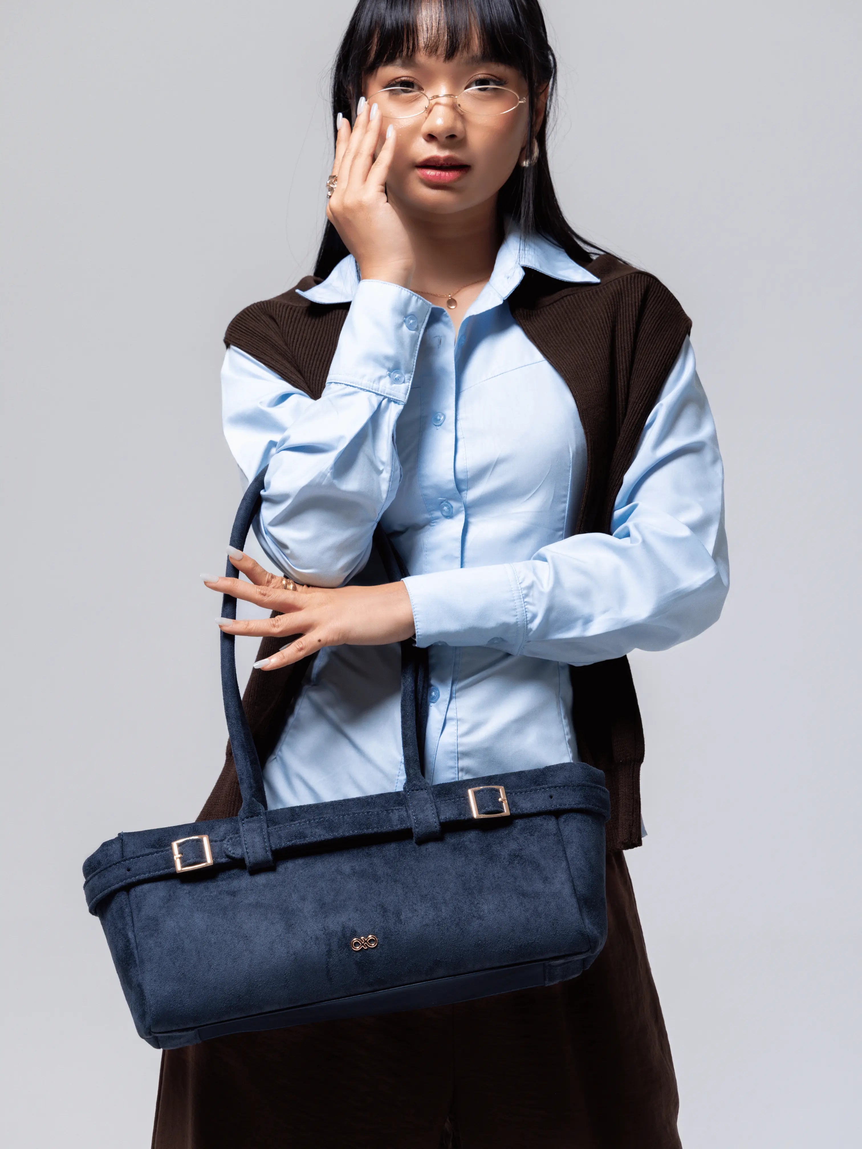 VALENTINA SUEDE BAGUETTE BAG IN PRUSSIAN BLUE TSL Singapore