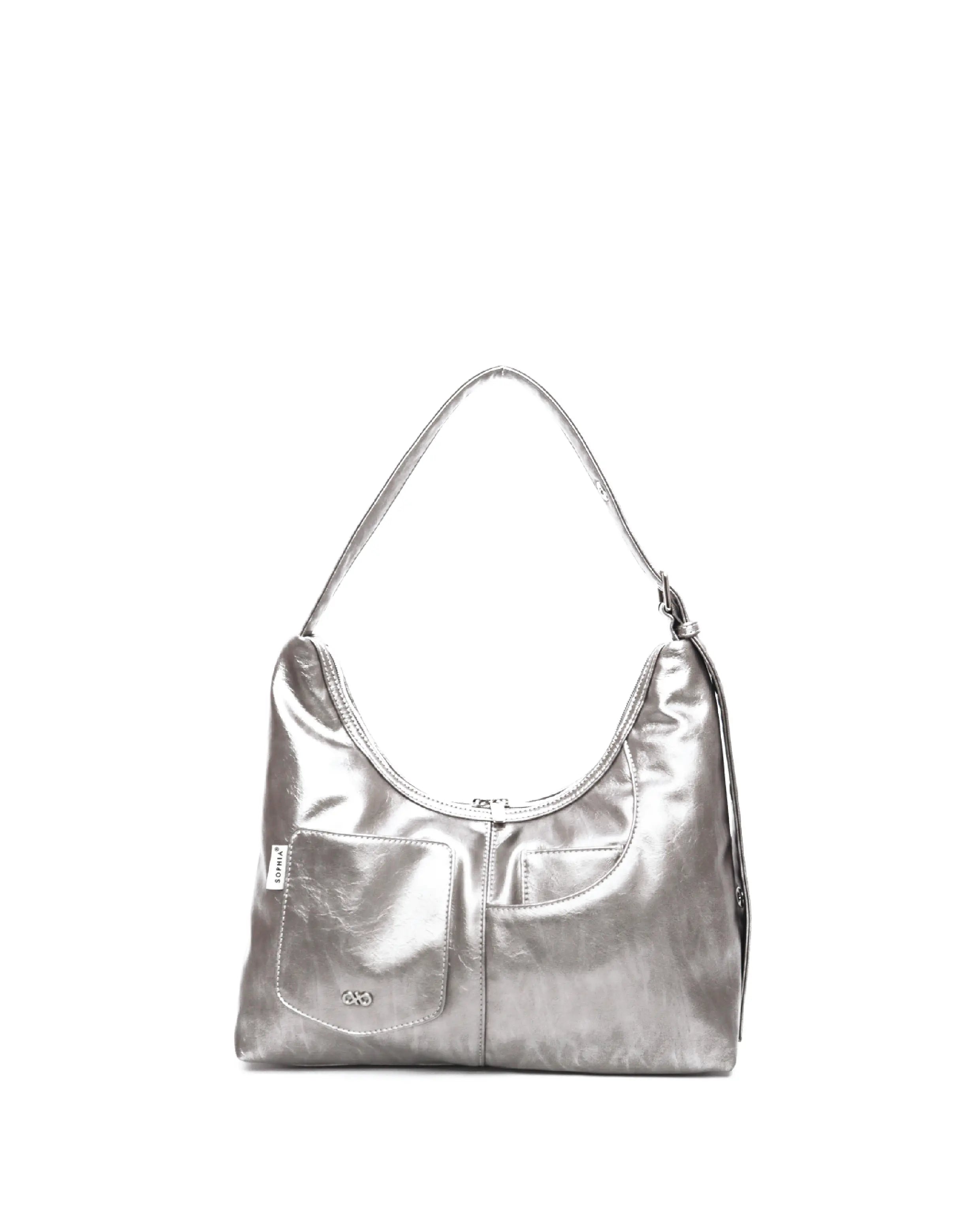 SIGNATURE POCKET LEATHER HOBO BAG IN NICKEL TSL Singapore